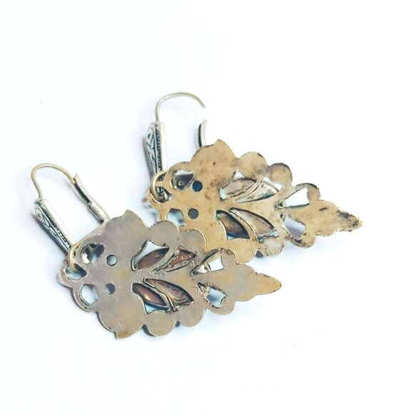 Vintage Spanish Filigree Dangle Earrings With Turquoise Stones Boho Style - Picture 3 of 5